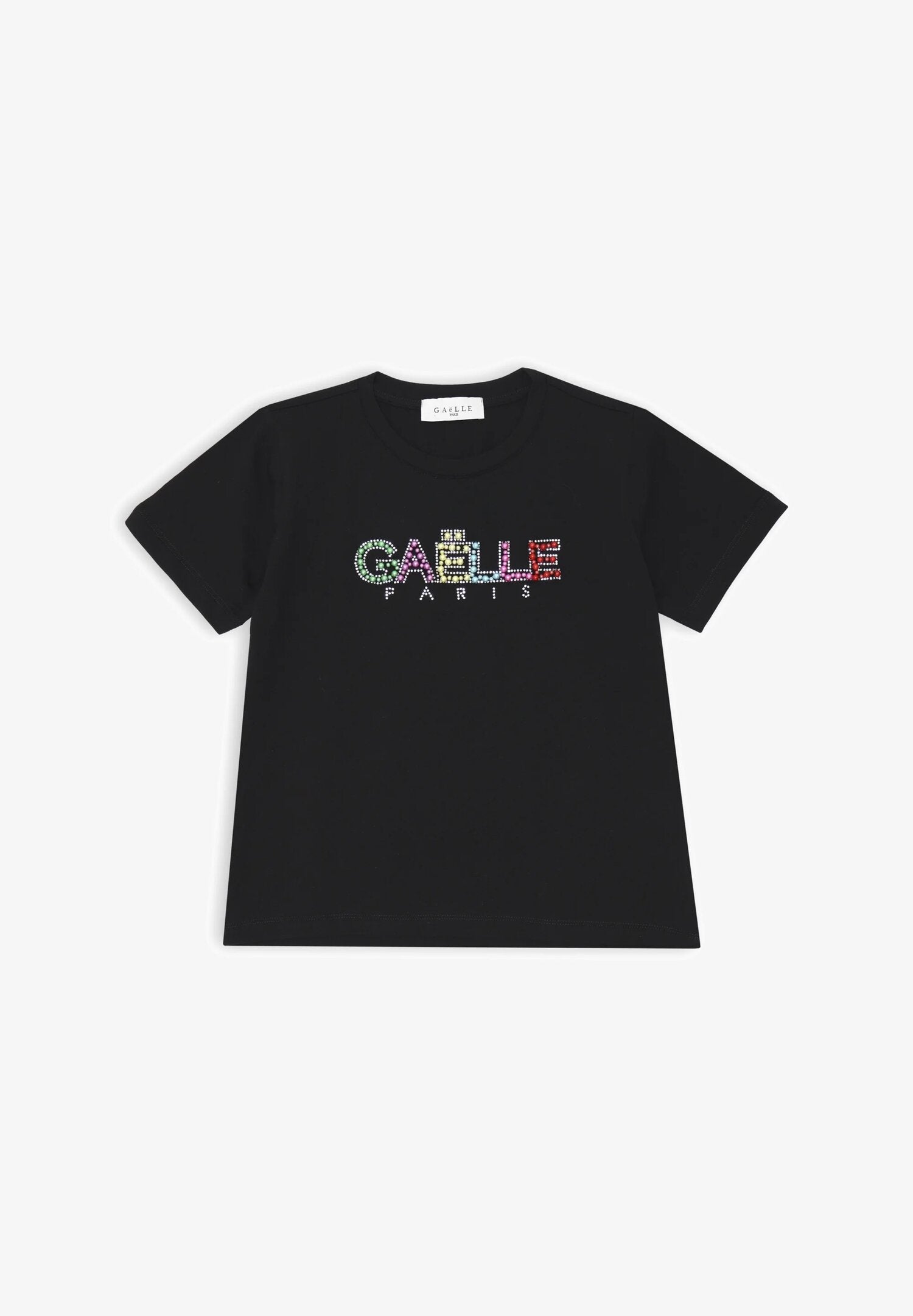 Gaelle Paris black sweater with multicolor rhinestone logo for girls summer 2025 | CammarataMode