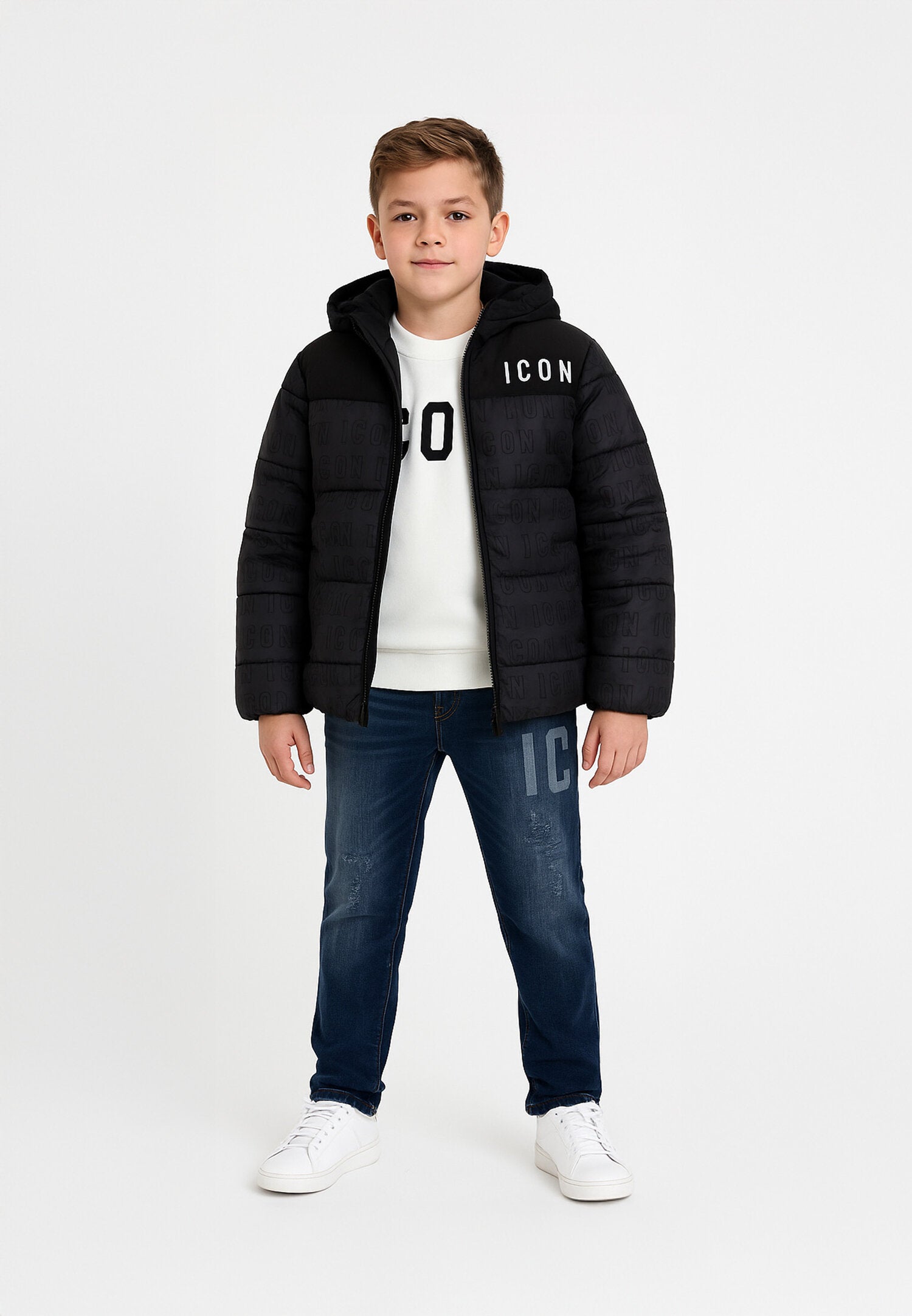 Icon Giubbotto Nero Bambino multo logo In Nylon Con Cappuccio Sportivo AI25