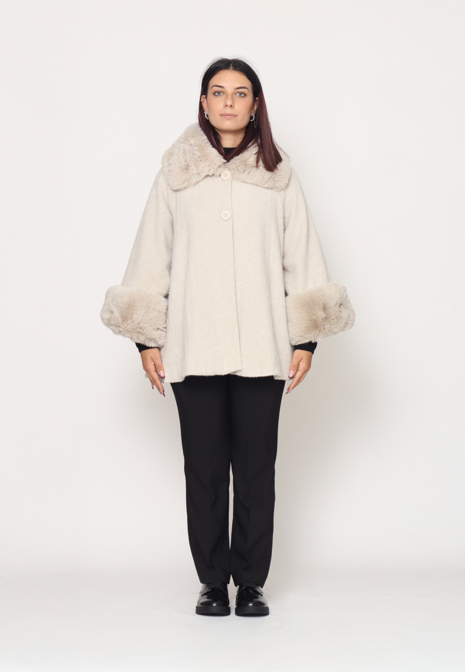 Monte Cervino Mantella Panna Marrone Donna In Lana Con Pelliccia Elegante AI25
