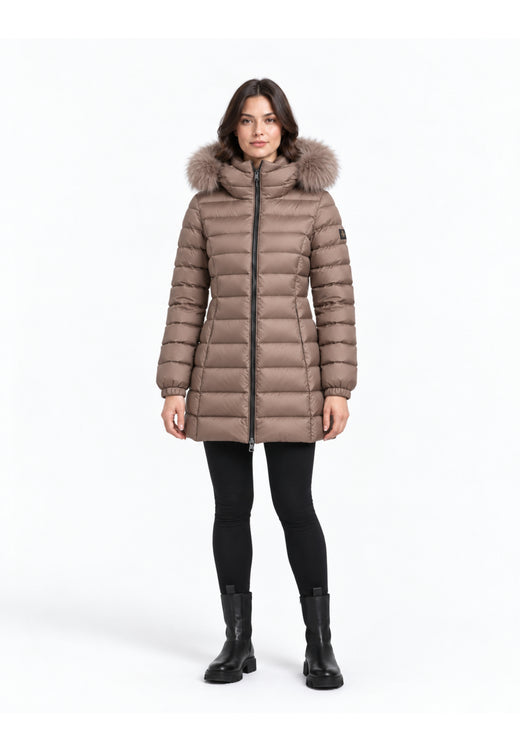 REFRIGIWEAR GIUBBOTTO TORTORA TRAPUNTATO CON CAPPUCCIO E PELLICCIA Donna LONG MEAD FUR JACKET.TORT_