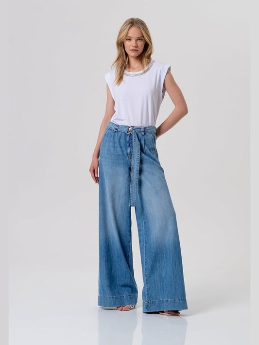 Fracomina jeans flare a palazzo in denim con lavaggio medio chiaro