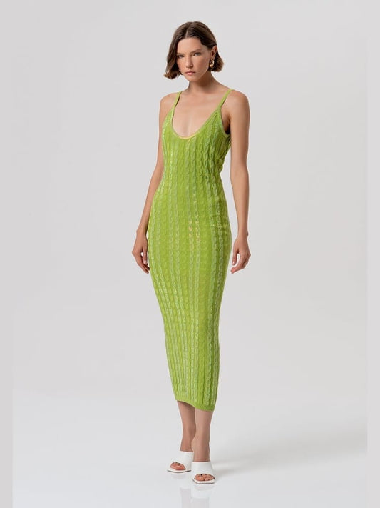 Fracomina abito slim midi in maglia con punto treccia verde acido