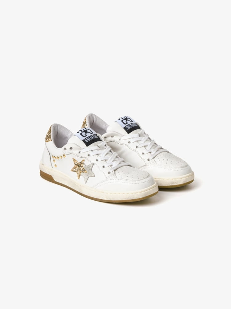 2star sneakers donna week star in pelle bianco e oro con borchie