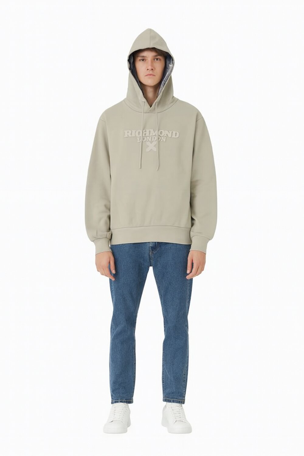 John Richmond felpa uomo beige con cappuccio logo cotone