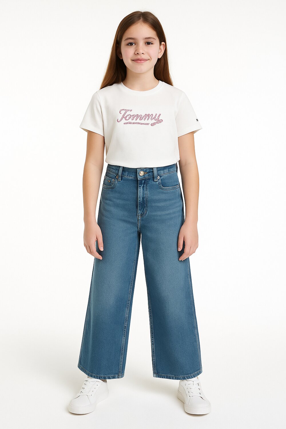 TOMMY HILFIGER – T-shirt Script Sequins Bambina in Cotone – Bianca con Logo