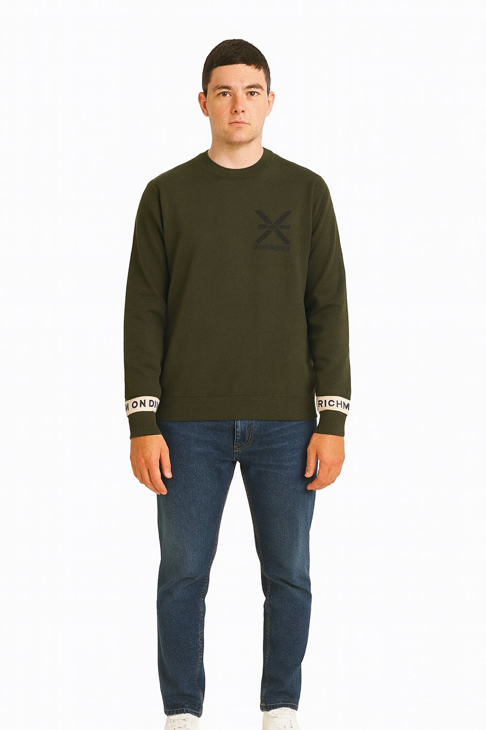 John Richmond maglione uomo verde lana logo a contrasto