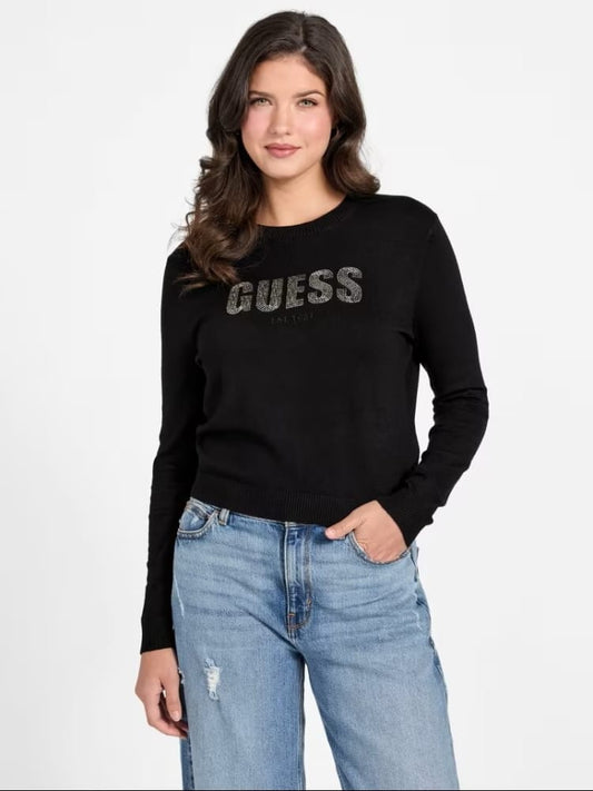 Guess maglia nera donna logo con strass