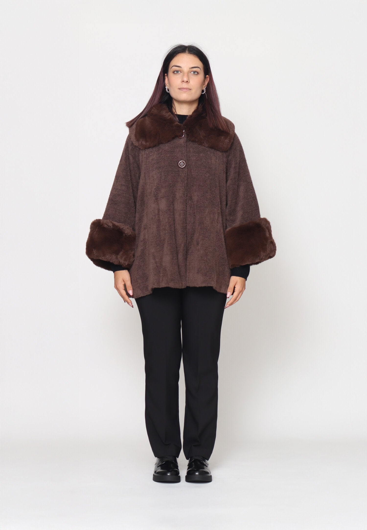 Monte Cervino Mantella Lana Marrone Donna In Lana Con Pelliccia Elegante AI25