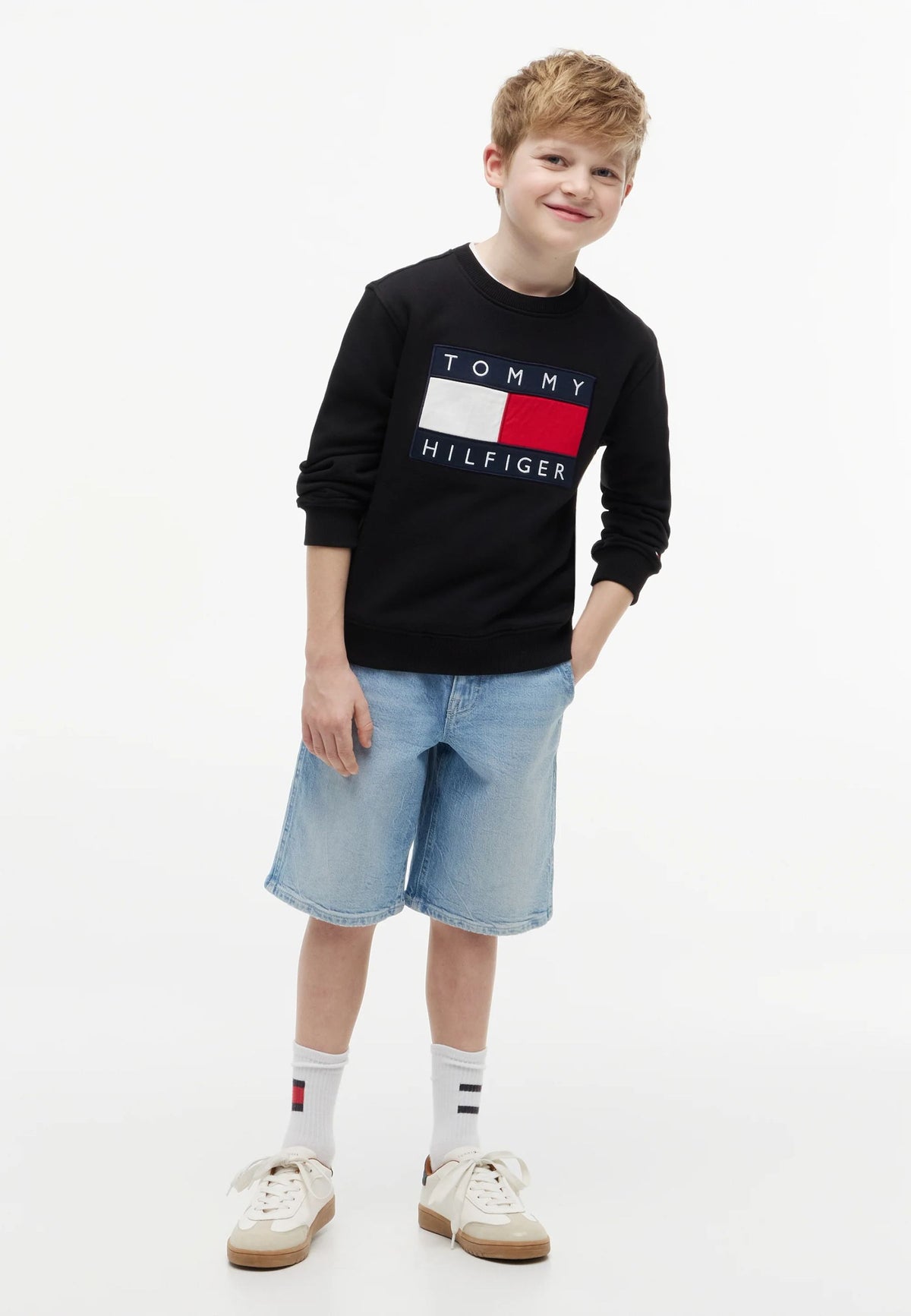 TOMMY HILFIGER felpa blu ragazzo girocollo logo grande a bandiera Bambini e ragazzi KS0KS00709C1G_