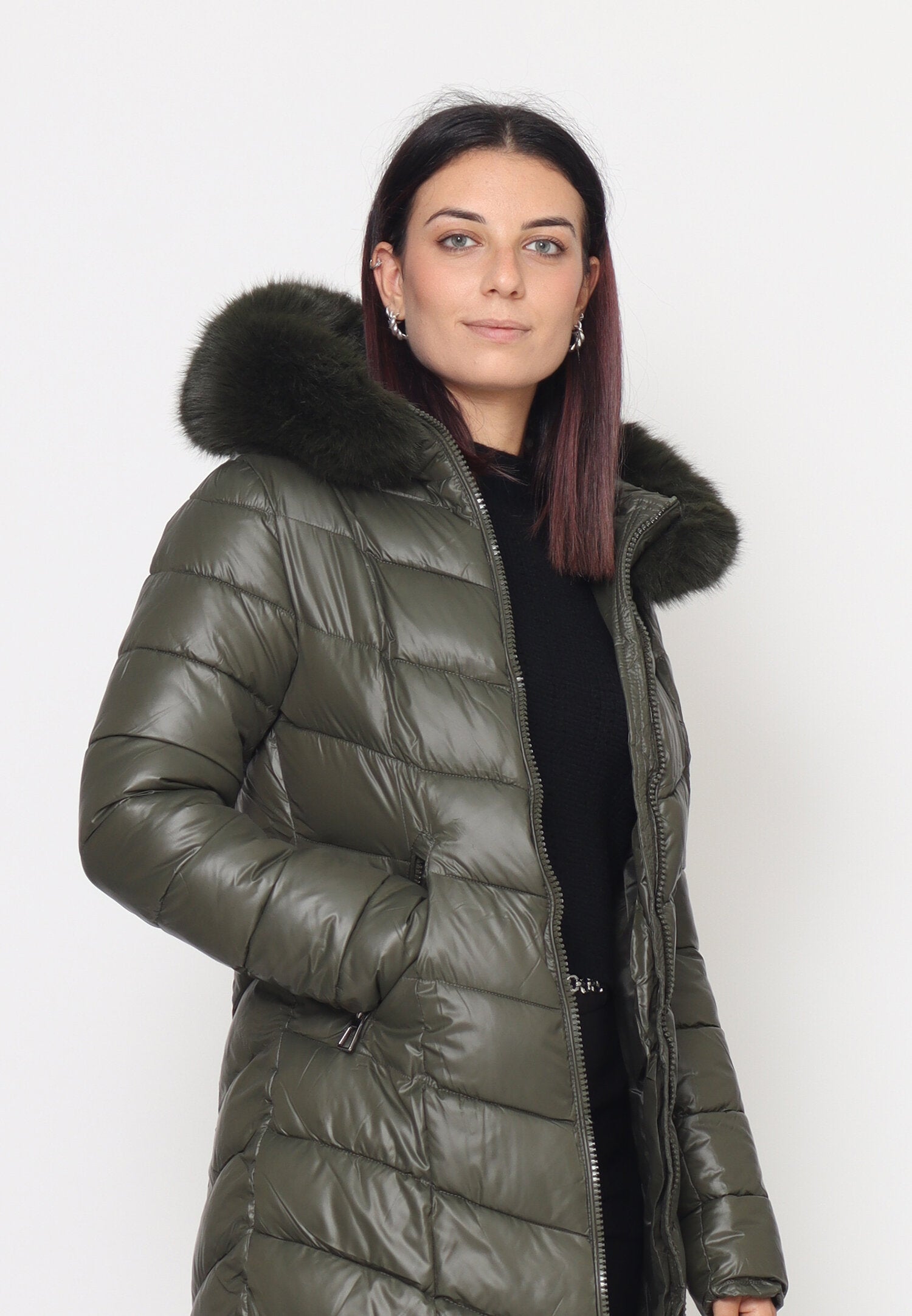 Monte Cervino Giubbotto Verde Donna In Nylon Con Pelliccia Invernale AI25