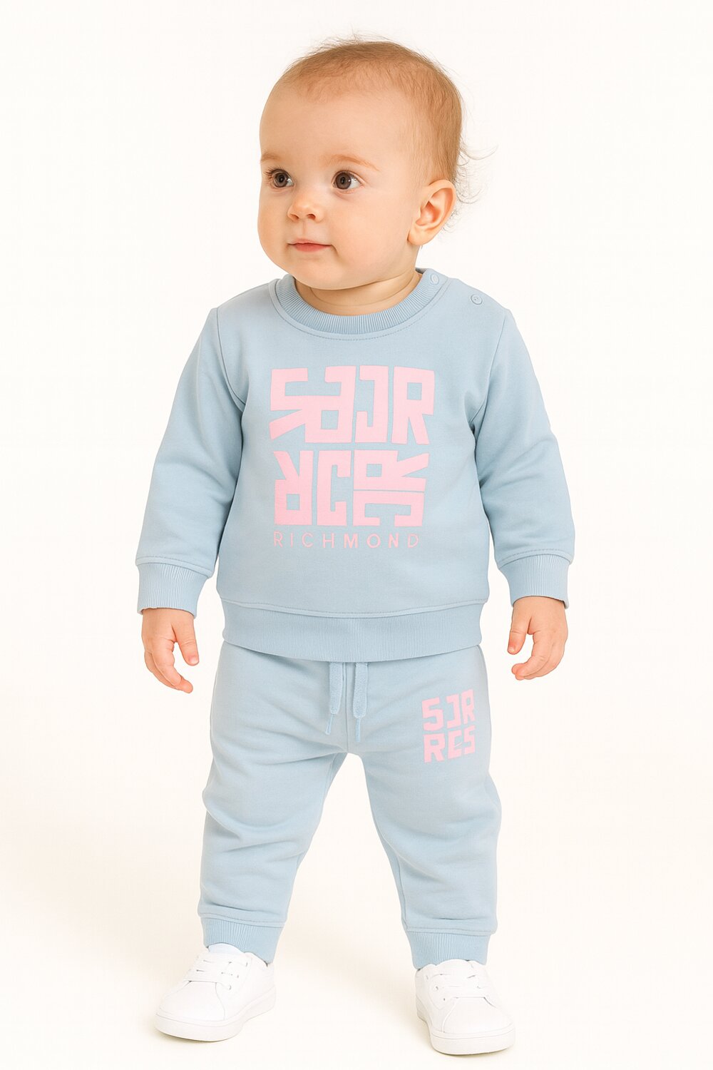 John Richmond completo neonata azzurro stampa rosa 100% cotone