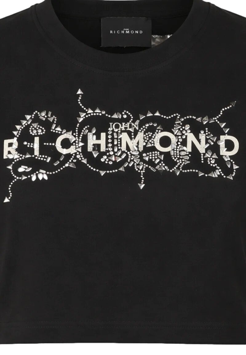 John Richmond Tshirt Nera Strass Bambina Modello Crop - RGP26203TS_