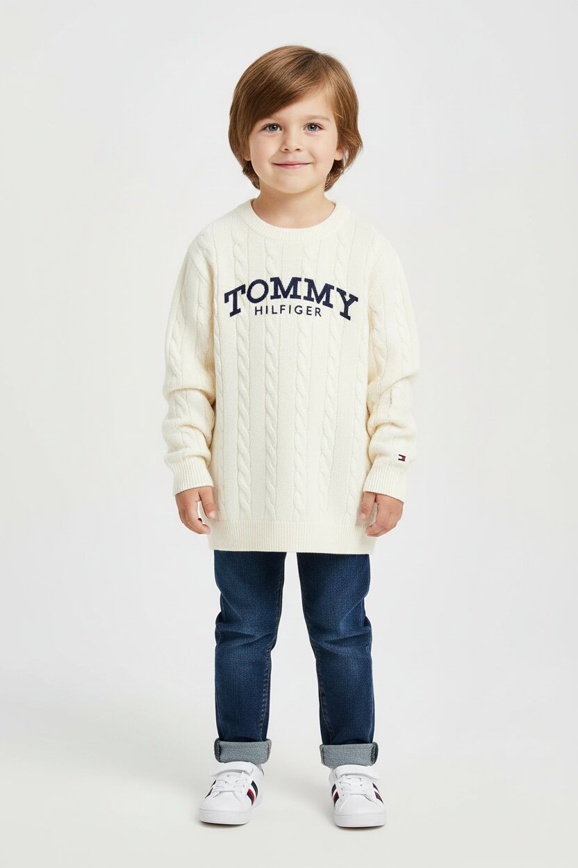 Tommy Hilfiger Maglione Avorio Bambino In Maglia Girocollo Passeggio PE26