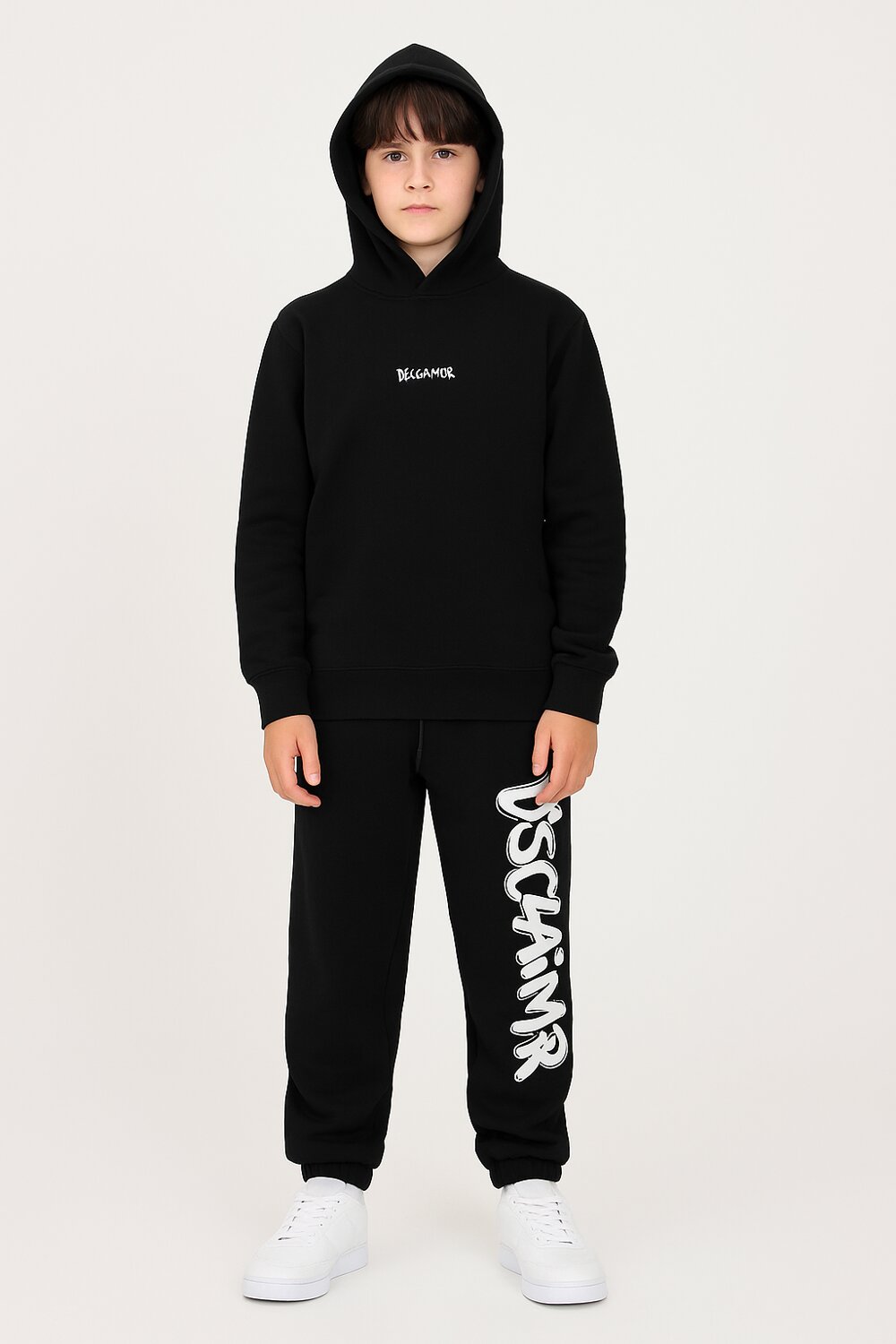 Disclaimer felpa con cappuccio bambino nera cotone inverno logo bianco