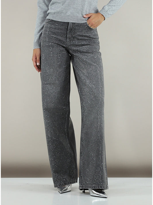 Liujo pantalone in denim grigio donna strass all over logo sul retro