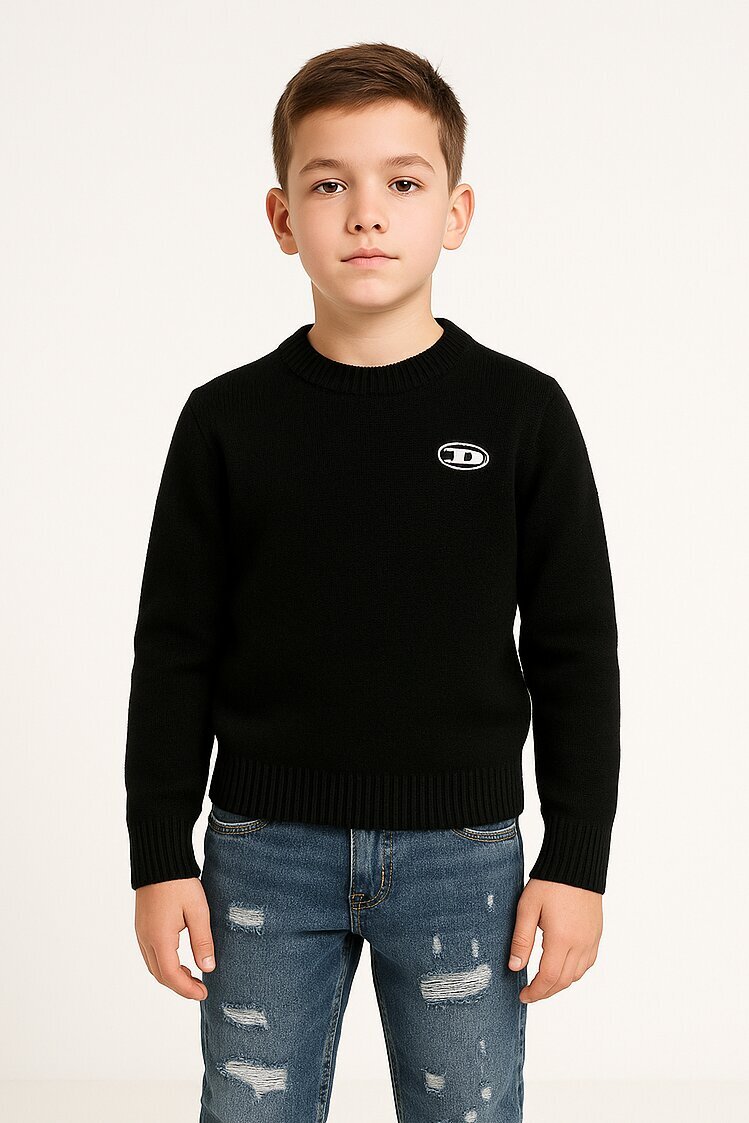 Diesel maglione bambino ragazzo nero girocollo cotone logo ricamato