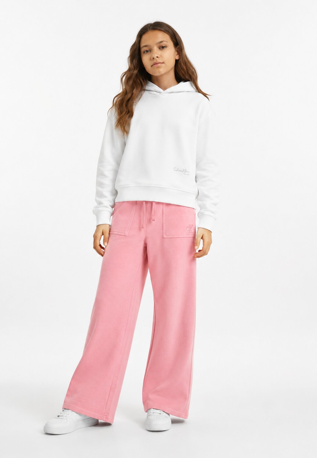 Calvin Klein Felpa Bianca Con Cappuccio e Logo Argento Bambina IG0IG03067YAF_