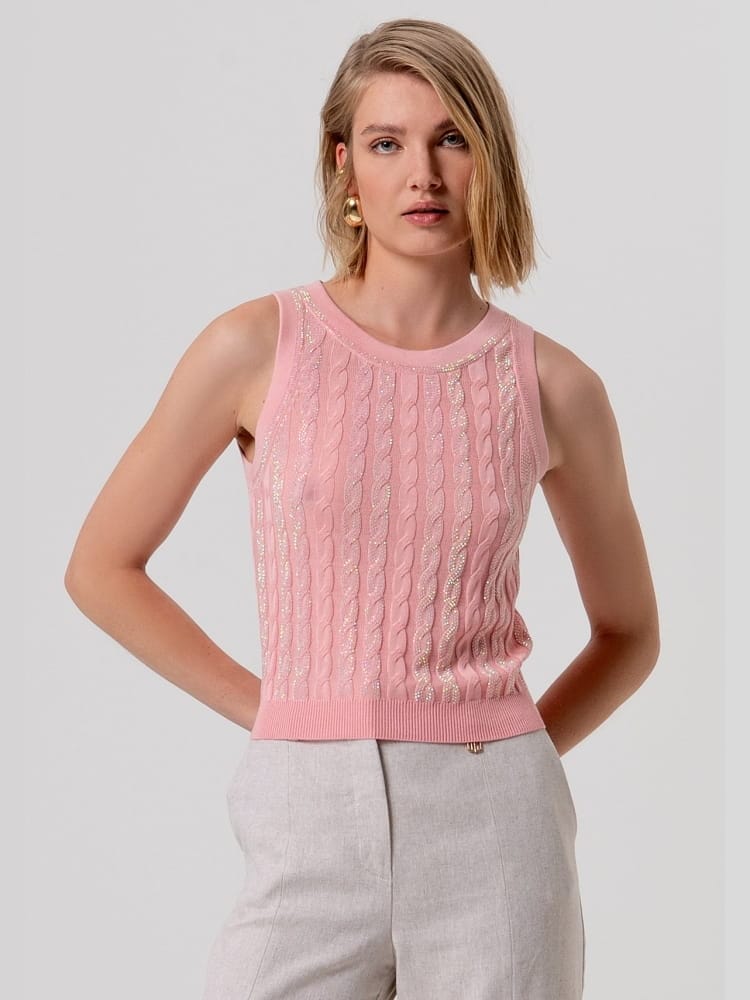 Fracomina top slim in maglia corallo con punto treccia