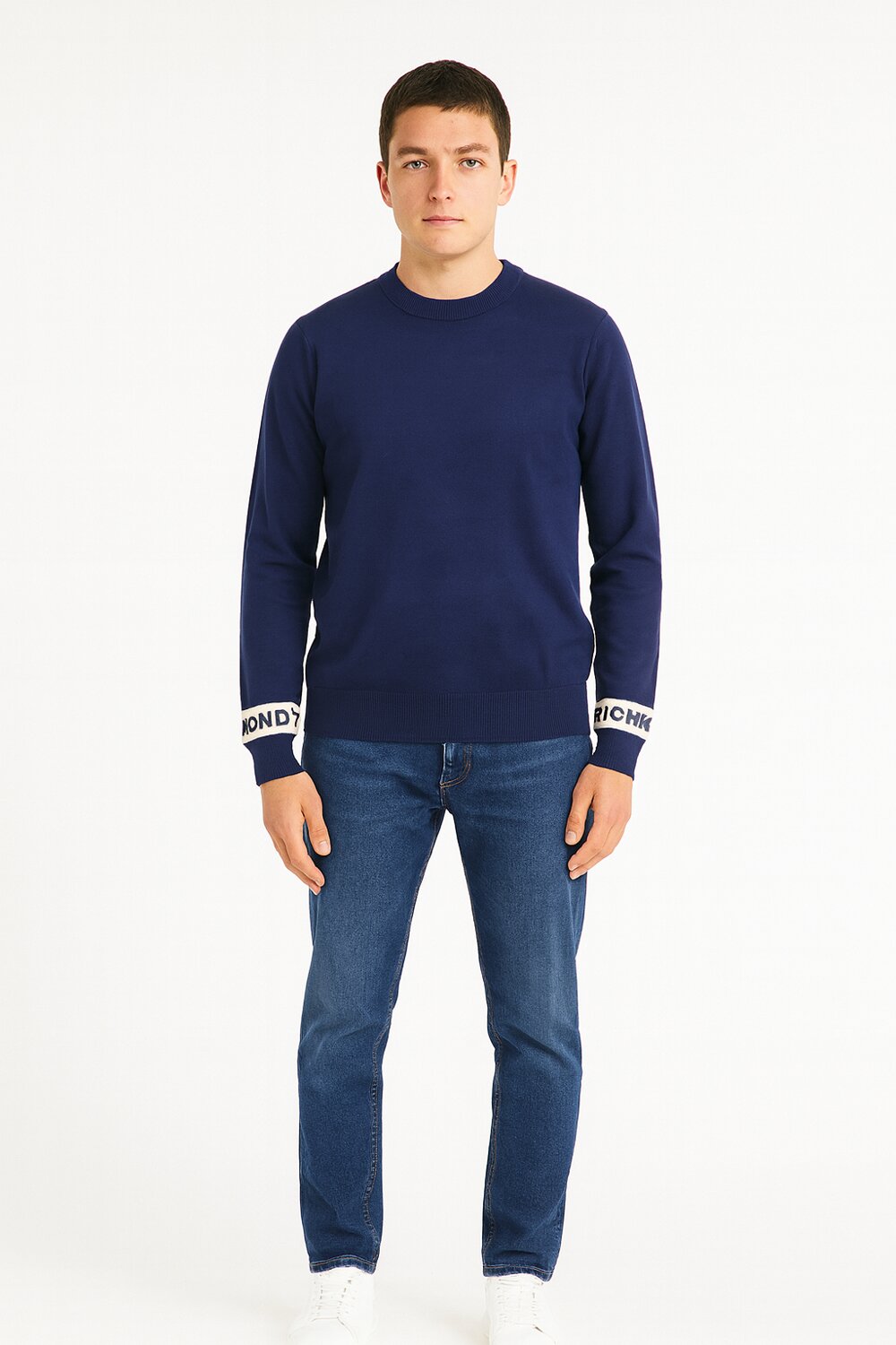 John Richmond maglia uomo lana blu collo tondo polsini logo