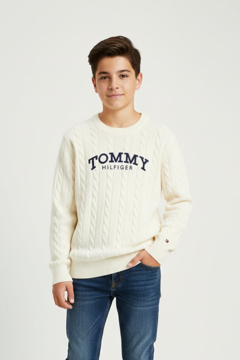 Tommy Hilfiger Maglione Avorio Ragazzo In Maglia Girocollo Passeggio PE26