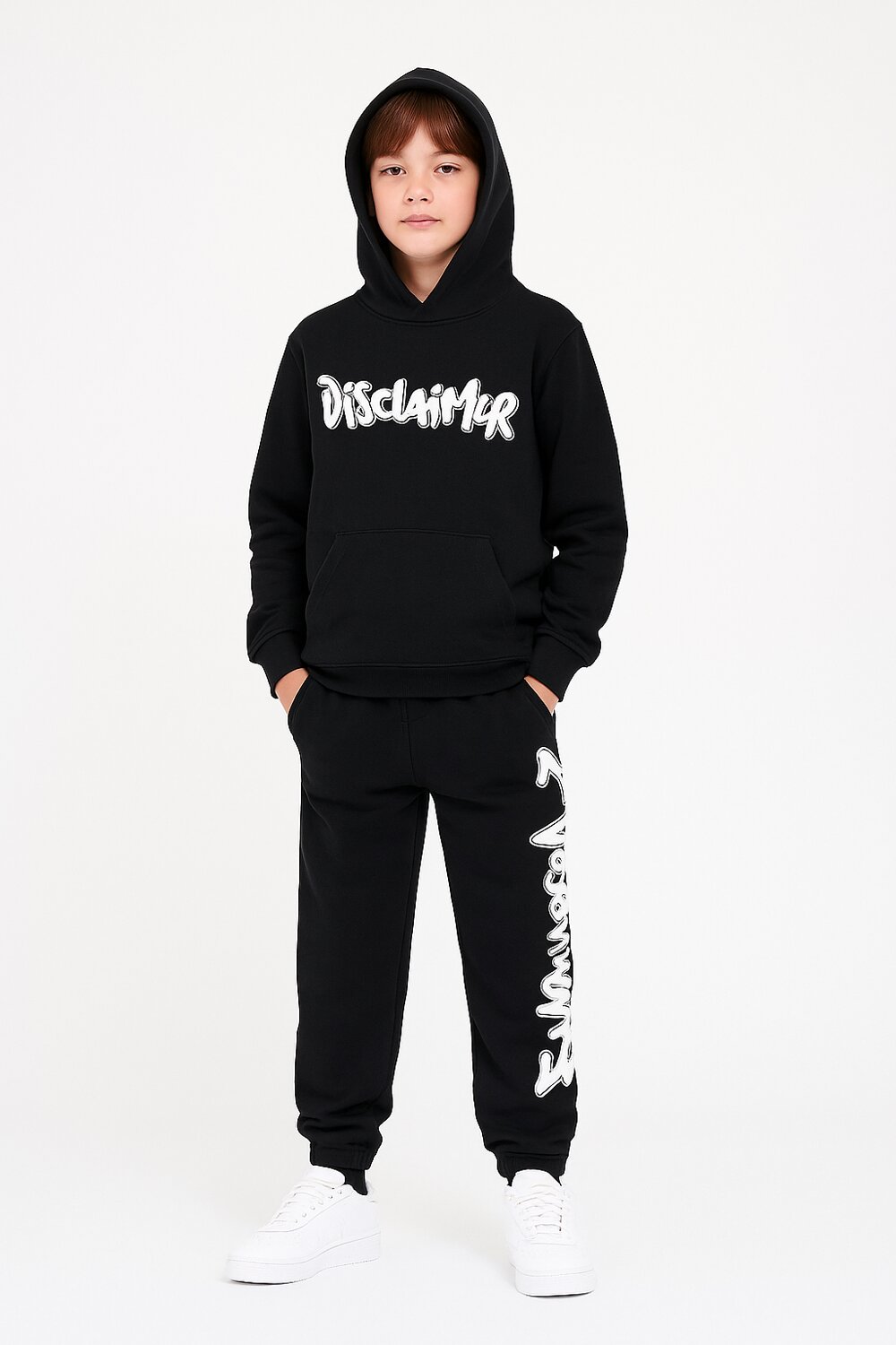 Disclaimer felpa con cappuccio bambino nera cotone inverno logo bianco