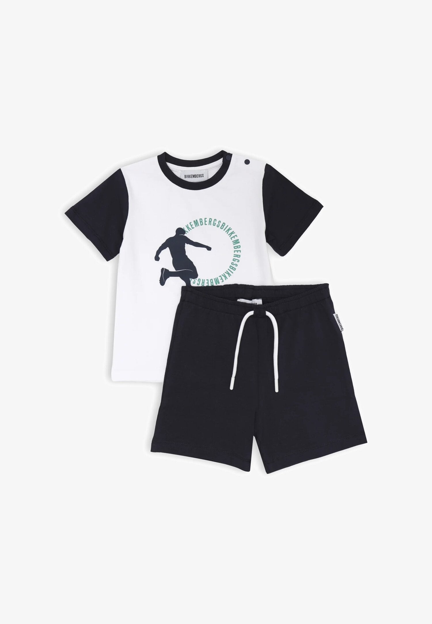 Bikkembergs set children's white t-shirt and blue cotton shorts with sporty print | CammarataMode