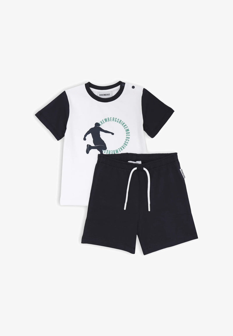 Bikkembergs set bambino t-shirt bianca e shorts blu cotone con stampa sportiva - BLU | CammarataMode