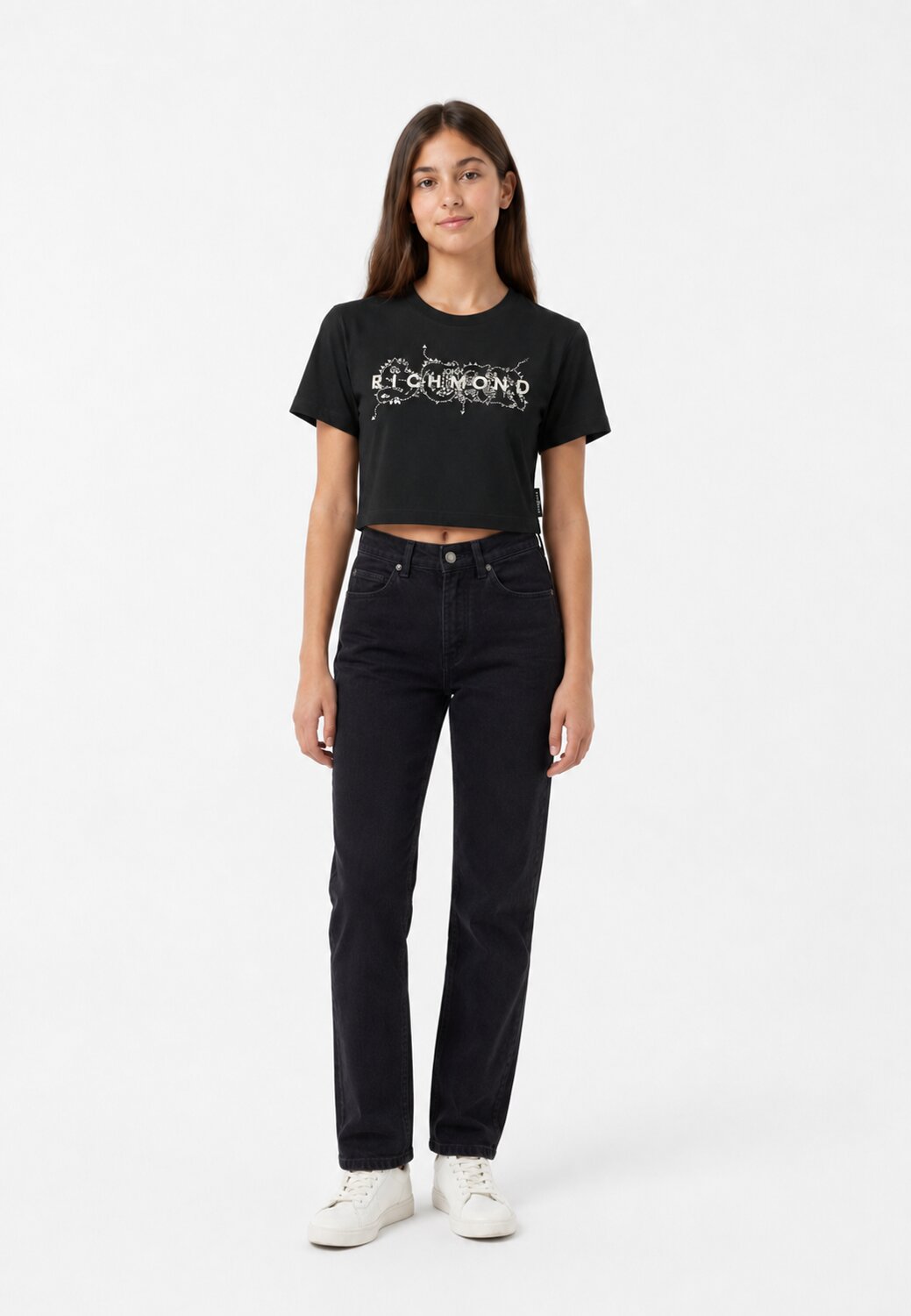 John Richmond Tshirt Nera Strass Bambina Modello Crop - RGP26203TS_