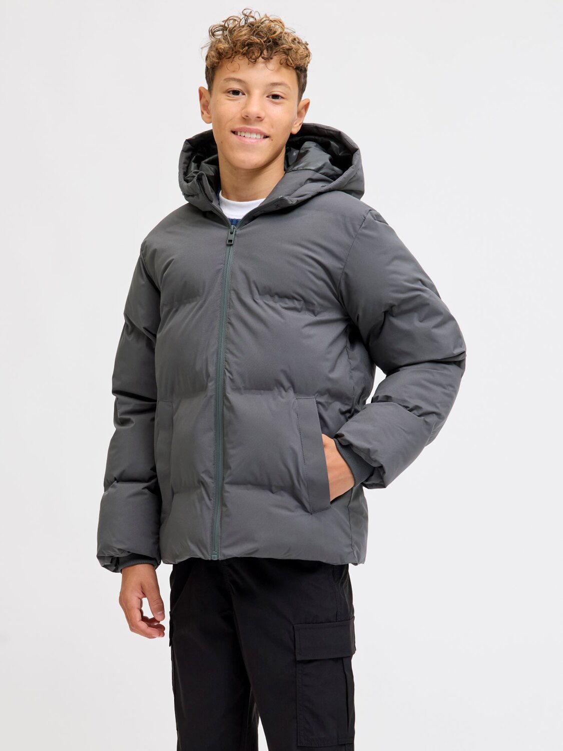 Jack & Jones Junior Giubbotto Grigio Bambino In Nylon Con Cappuccio Invernale