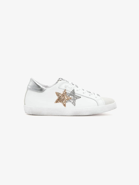 2star sneakers donna low in pelle bianca e camoscio dettaglio oro