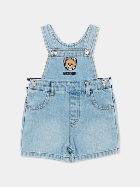 Moschino salopette infant in denim blu chiaro con logo teddy Bambino