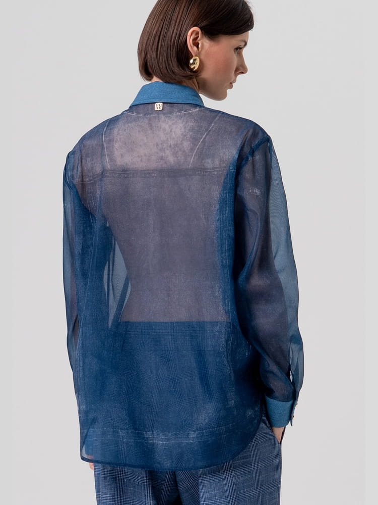 Fracomina camicia in organza blu stampata