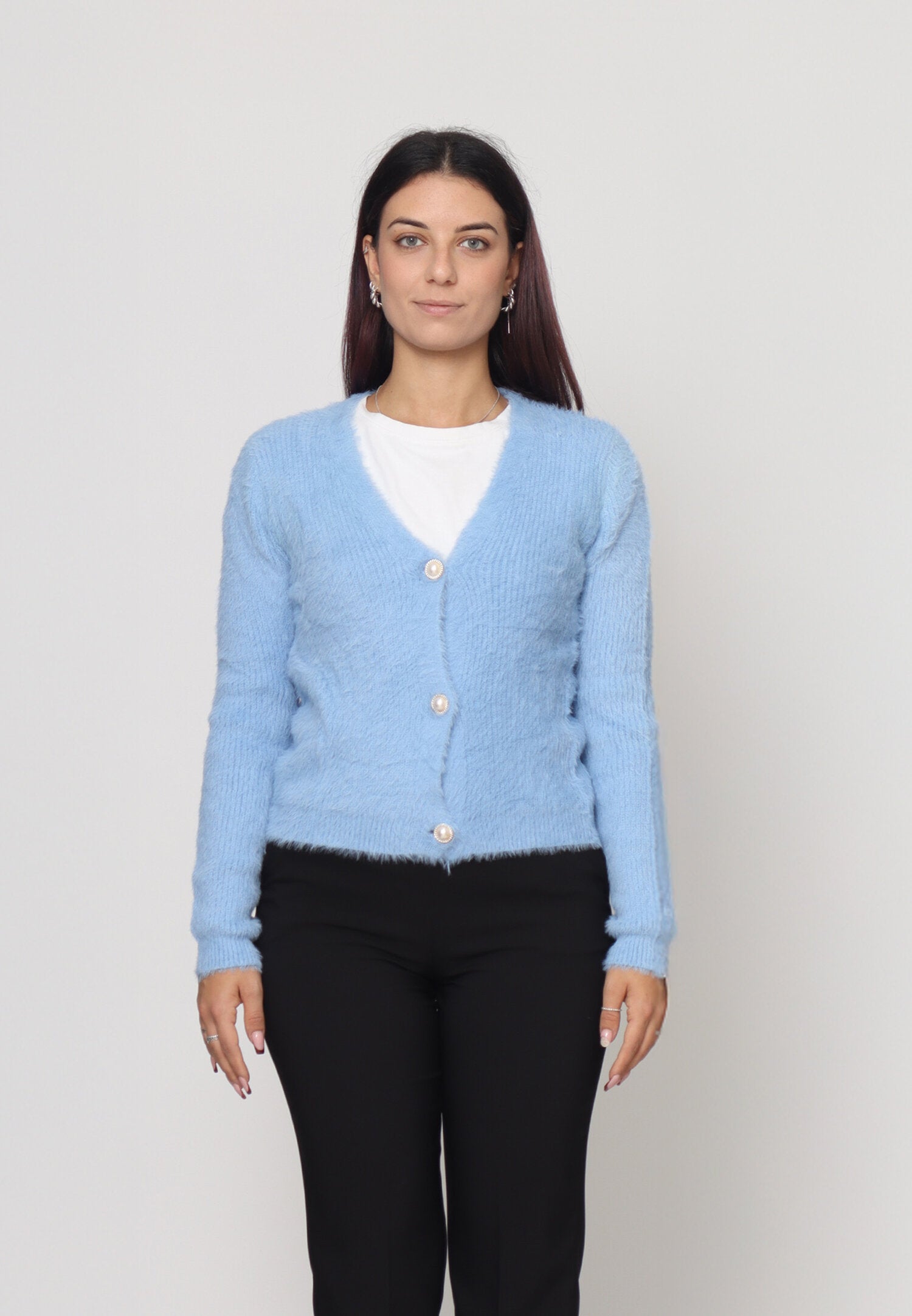 Monte Cervino Cardigan Lana Celeste Donna In Lana Con Bottoni Elegante AI25