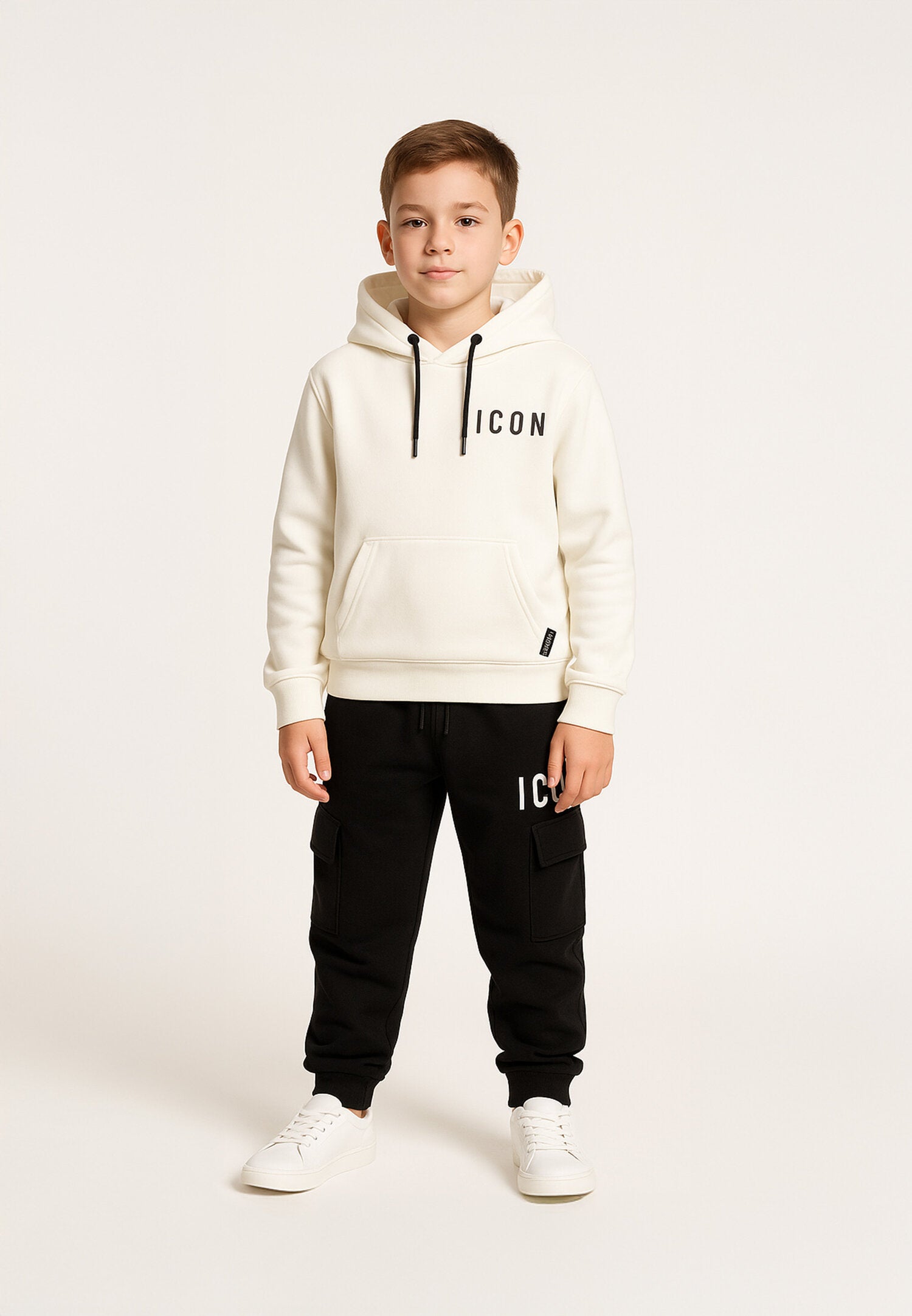 Icon Felpa Bianca Bambino In Cotone Con Cappuccio Sportivo AI25