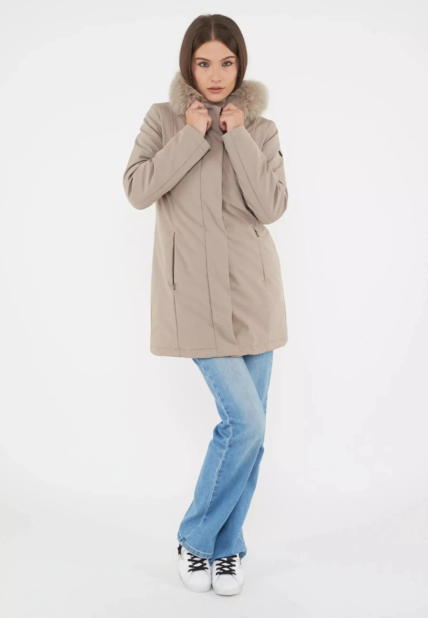 Refrigiwear Giaccone Donna Tortora In Tessuto Con Pelliccia AI 25