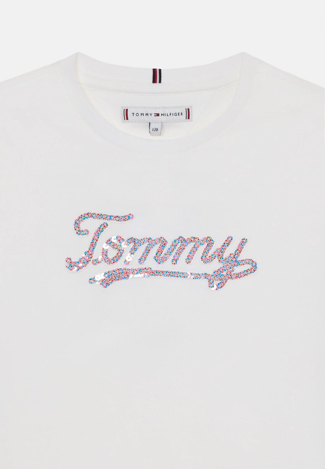 TOMMY HILFIGER – T-shirt Script Sequins Bambina in Cotone – Bianca con Logo
