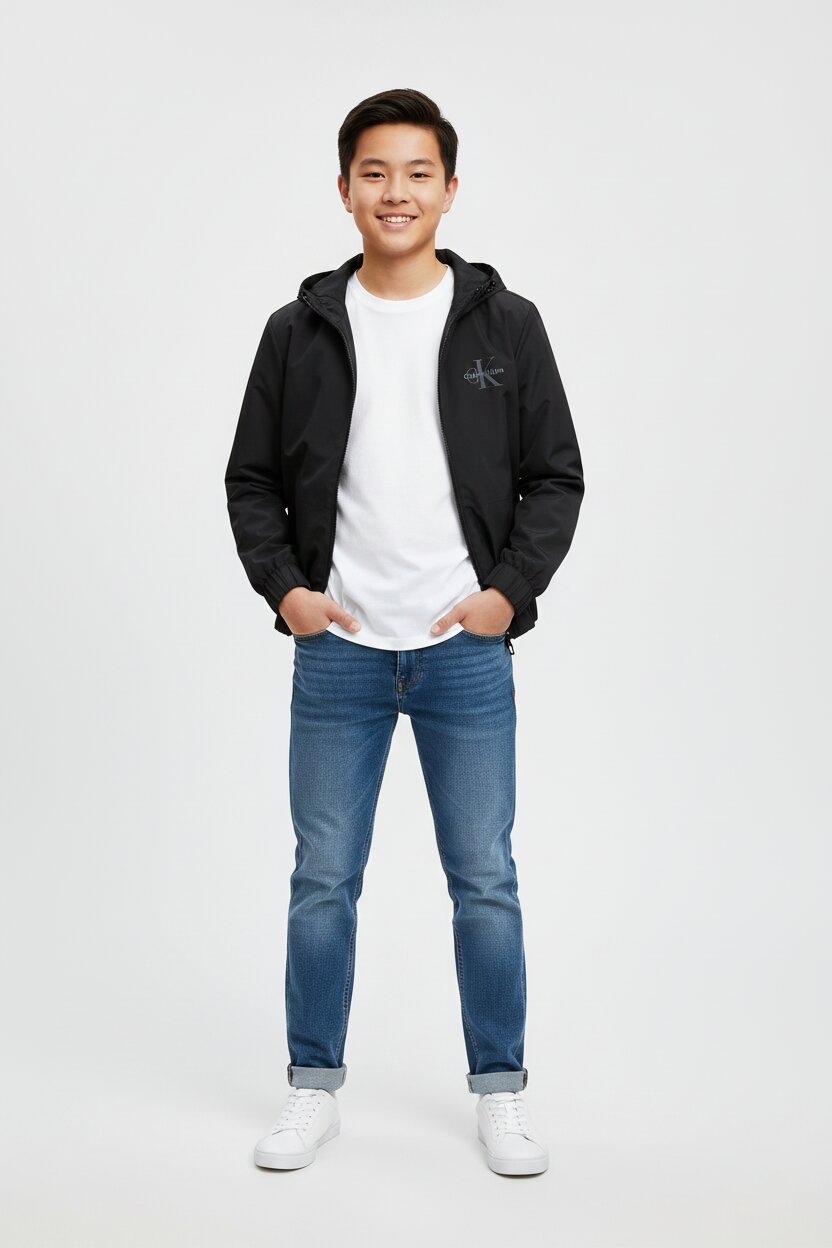 Calvin Klein Giacca a Vento Nera Bambino Con Cappuccio Mezza Stagione PE26