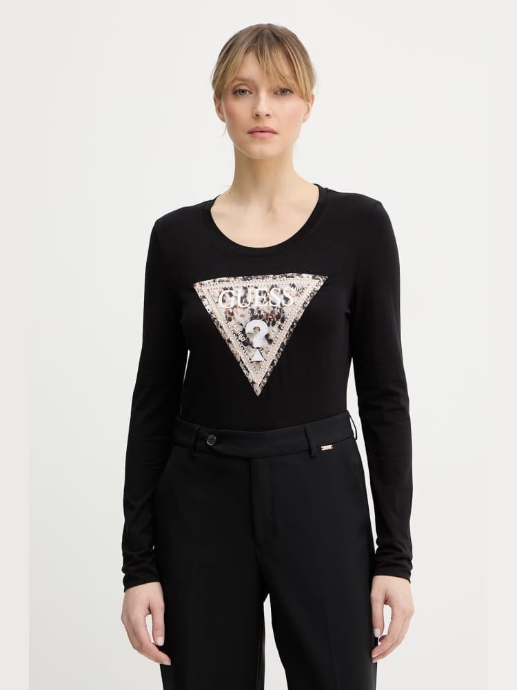 Guess tshirt nera donna logo animalier