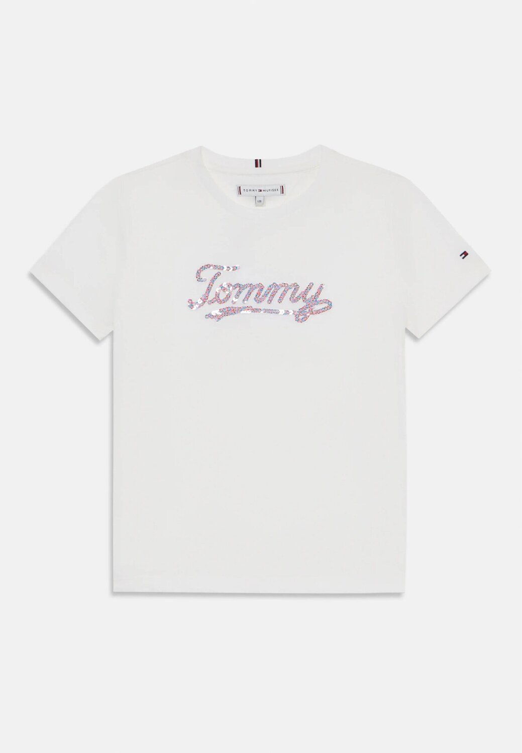 TOMMY HILFIGER – T-shirt Script Sequins Bambina in Cotone – Bianca con Logo