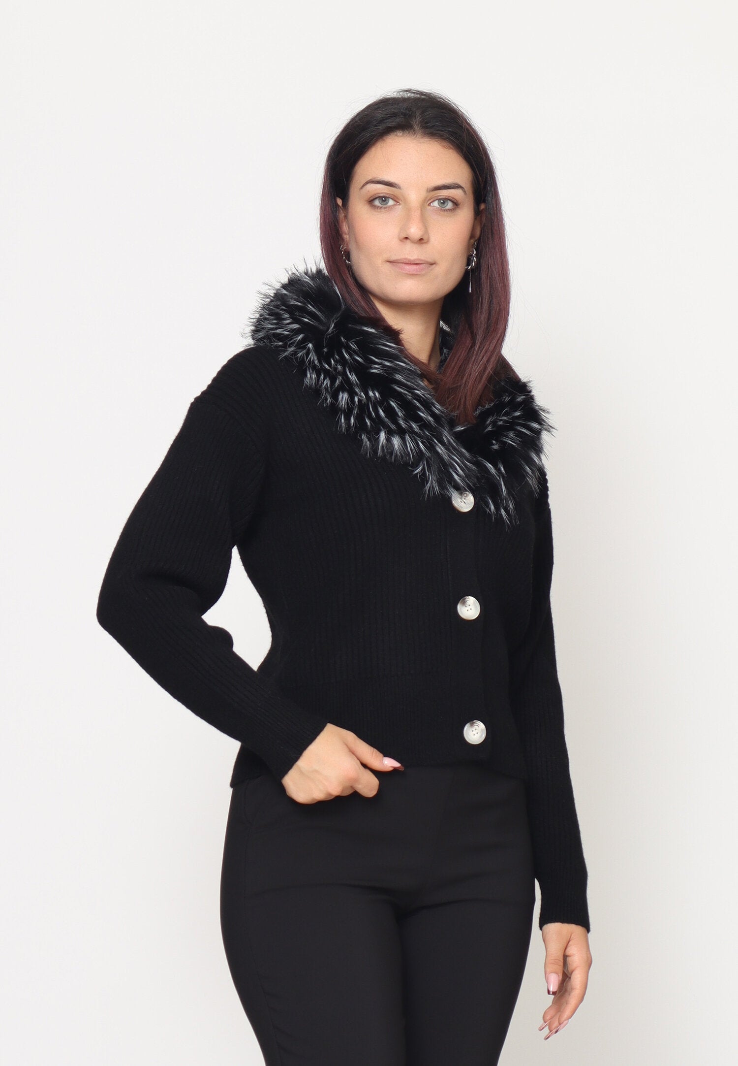 Monte Cervino Cardigan Nero Donna Con Pelliccia Elegante AI25