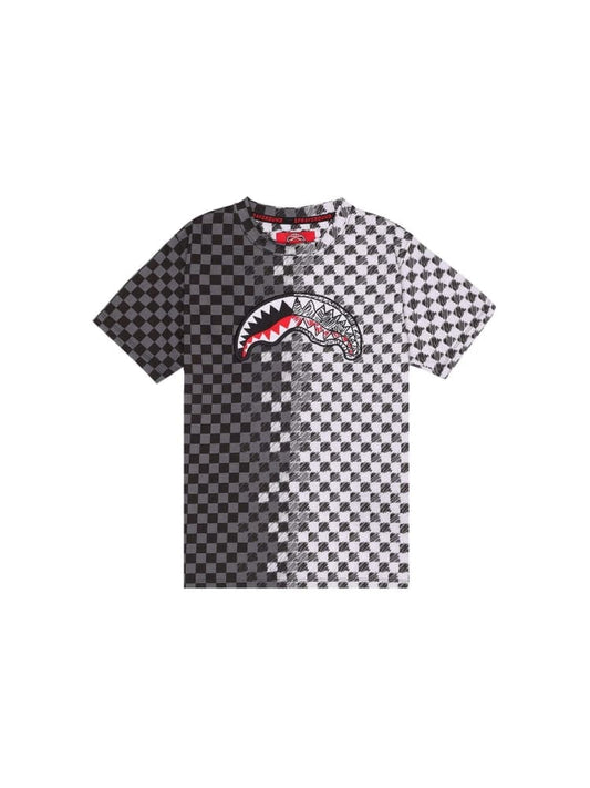 Sprayground t-shirt kids/junior damier in cotone grigio nero con stampa bocca di squalo