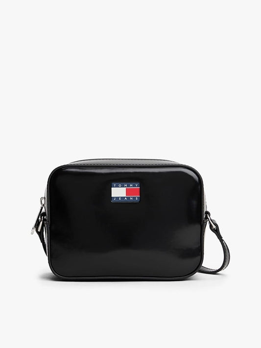 Tommy Jeans borsa nera donna lucida con tracolla logo sul davanti | Misure: 18 x 7 x 14 cm