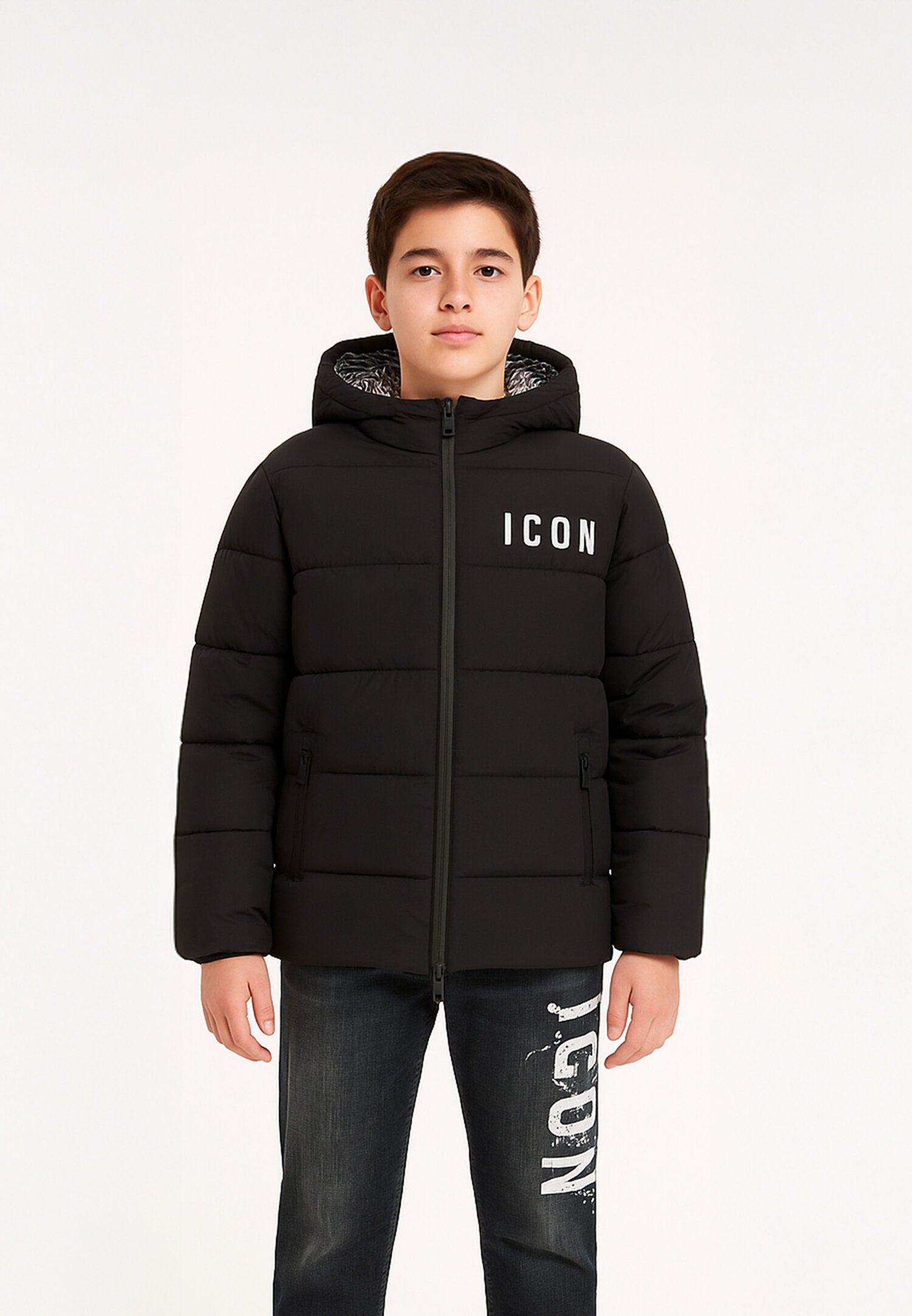 Icon Giubotto Nero Bambino In Nylon Con Cappuccio Invernale AI25