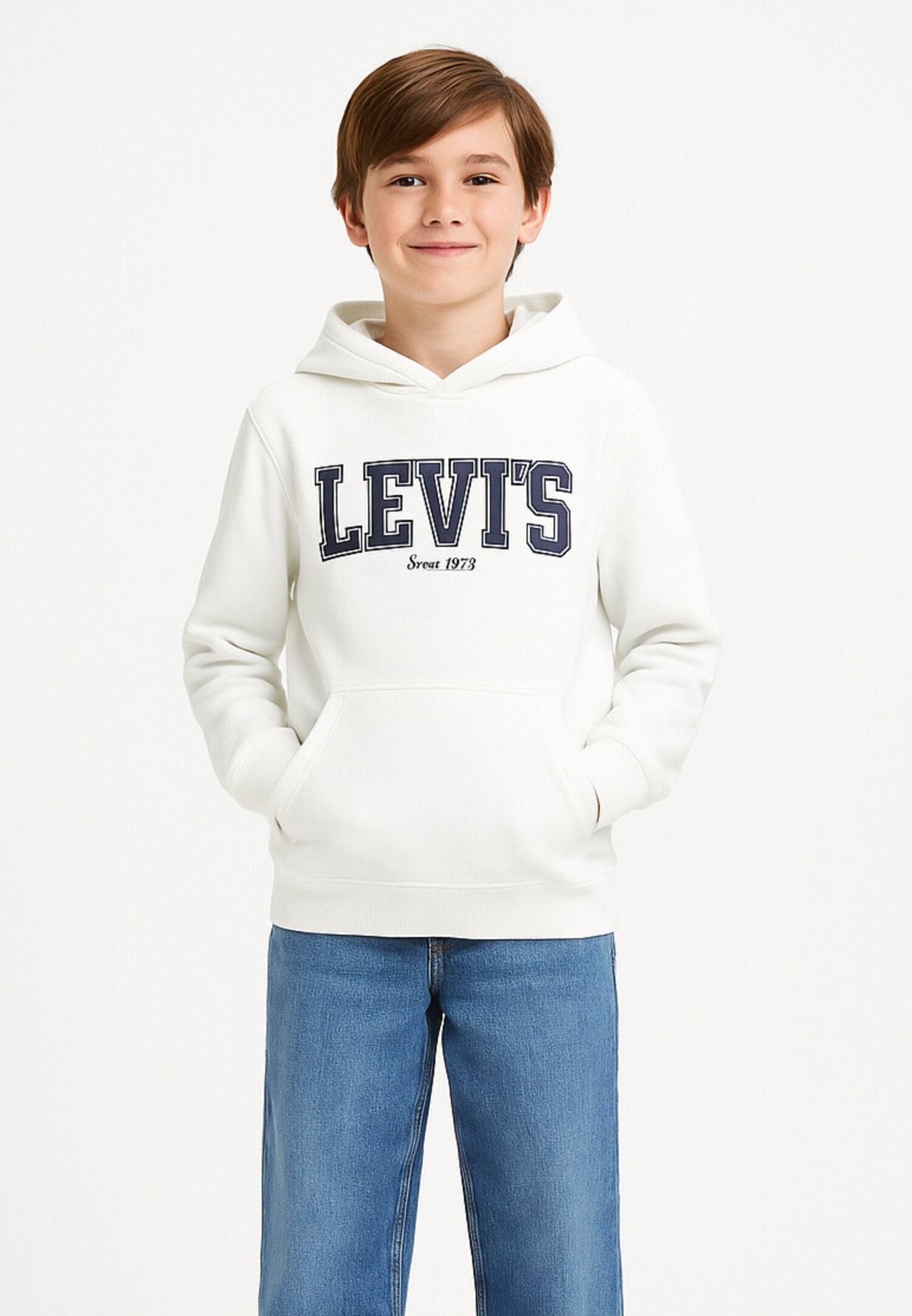 Levi's Felpa Bianca Bambino College In Cotone Con Cappuccio Scuola AI25