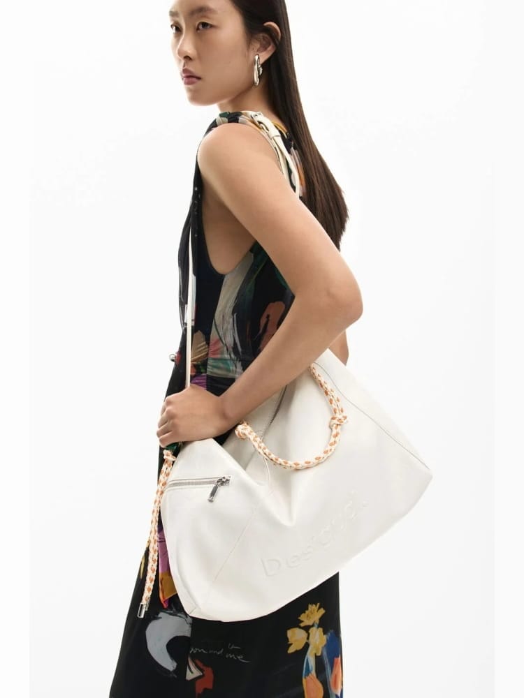 Desigual borsa a spalla grande con tracolla leiria 2.0 in ecopelle panna con logo
