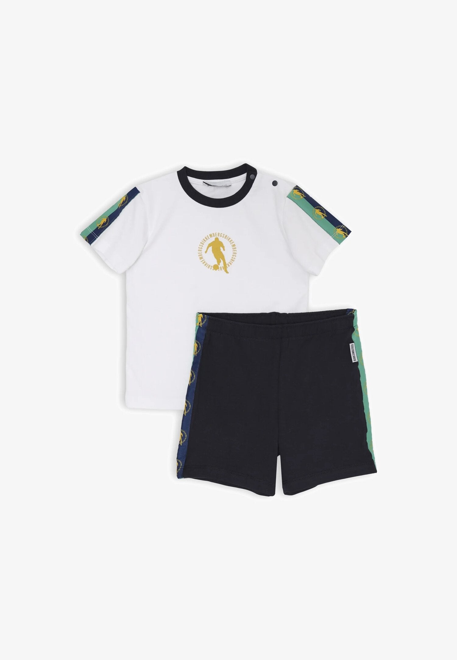 Bikkembergs set children off white t-shirt with stripes and blue patterned shorts | CammarataMode
