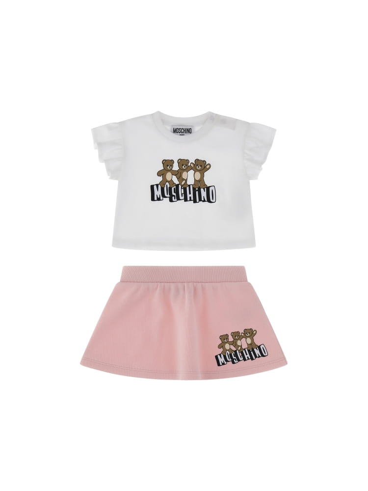 Moschino set infant t-shirt e gonna bianco e rosa con stampa teddy Bambina
