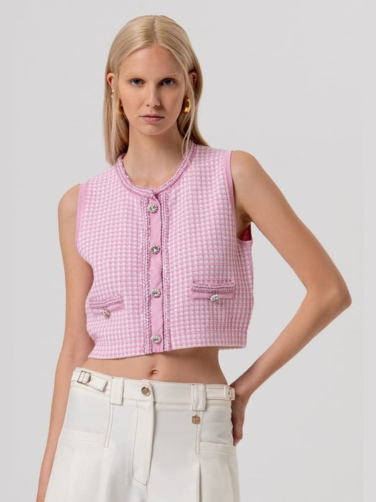 Fracomina gilet in tweed bianco e rosa con passamanerie e bottoni gioiello