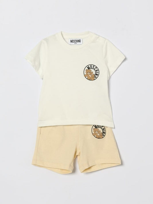 Moschino set t-shirt e short in cotone bianco e beige con logo teddy Bambino