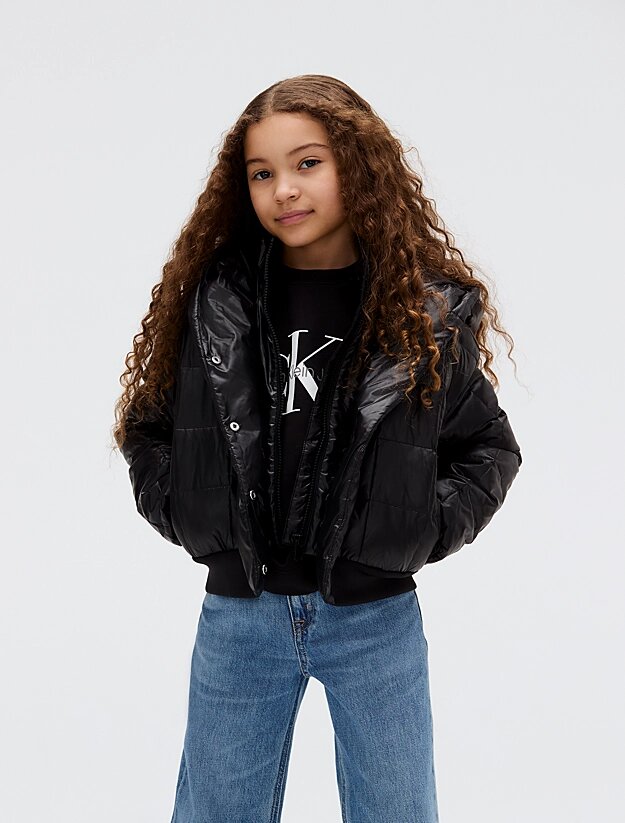Calvin Klein Piumino Nero Bambina In Nylon Con Cappuccio Sportivo AI25